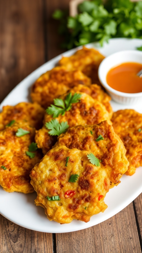 Crispy vegetable fritters on a plate with herbs and dipping sauce, on a rustic wooden table.